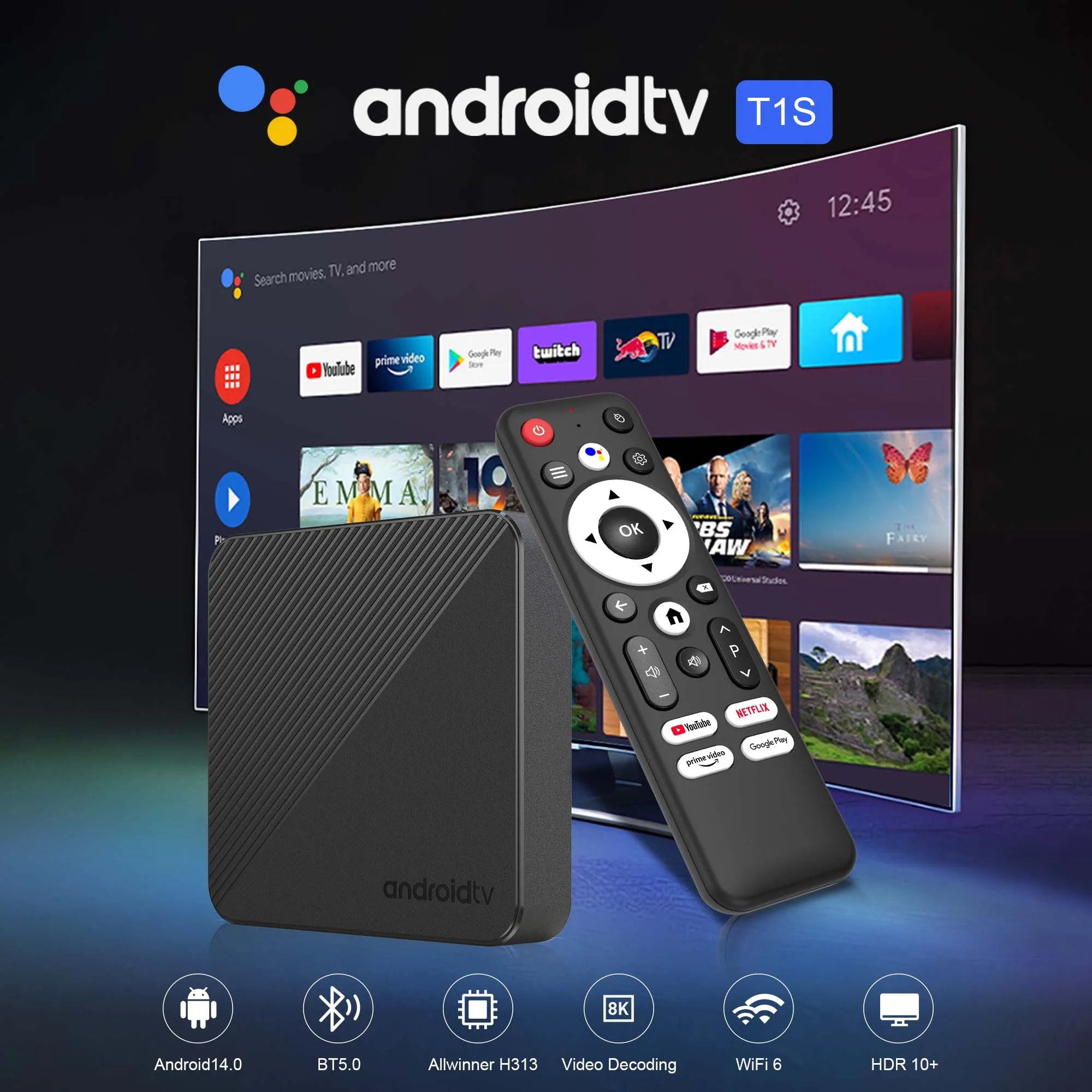 Android14 TV Box Smart 4K Home theater T1S AllwinnerH313 Netflix YouTube Wifi6 1000M Lan Bluetooth Chromecast Assistente vocale
