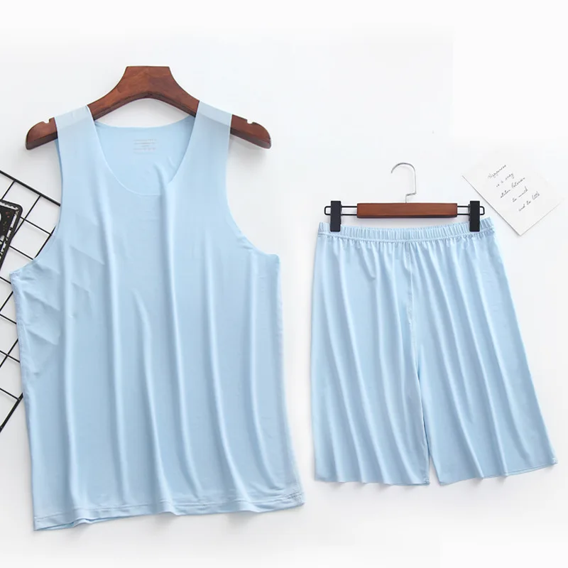 Camiseta masculina de seda gelada e calça curta, roupa de pijamas, roupa Homewear ultrafina, pijamas de verão, conjunto para dormir, 2 peças
