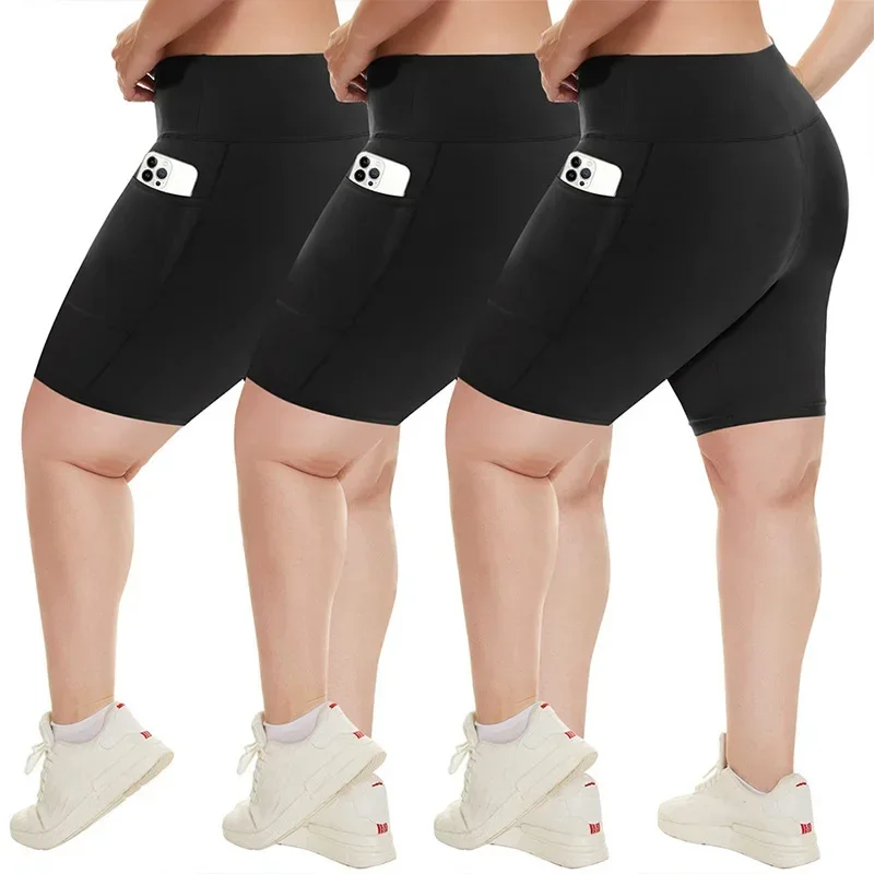 Damen-Yoga-Shorts mit hoher Taille, Übergröße, Workout-Leggings mit zwei Taschen, Stretch, europäischer Stil, Activewear für Fitnessstudio und Freizeit