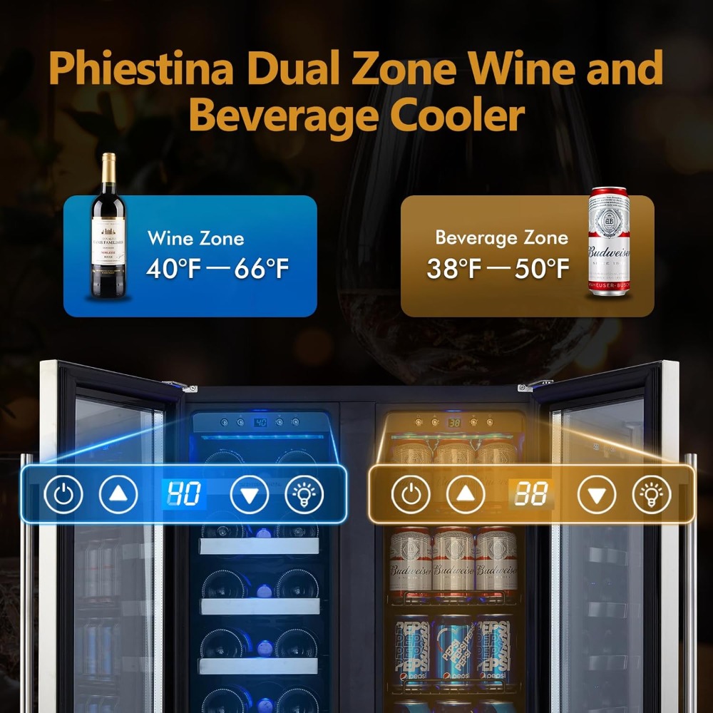 Wine and Beverage Refrigerator,24’’ Wine Cooler- 20 Bottles&78 Cans, Built-in/Freestanding Dual Zone Wine Fridge with Glass Door