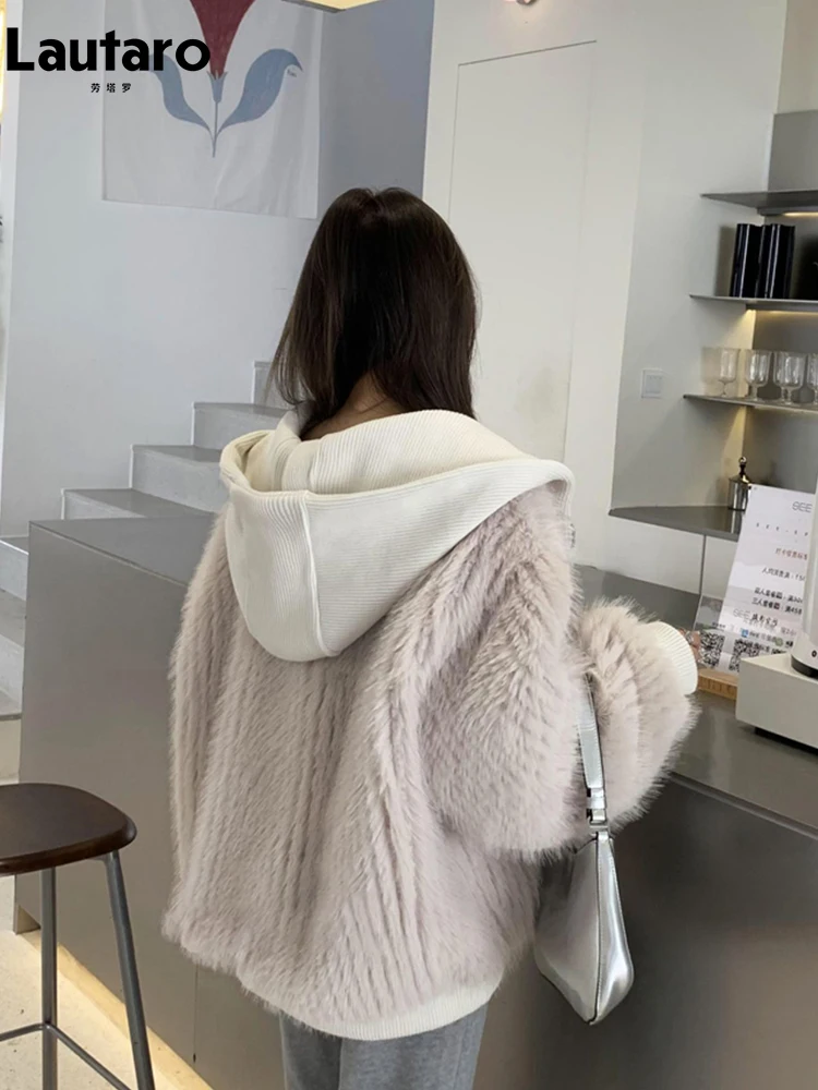 Lautaro automne hiver ample décontracté poilu Shaggy doux chaud fausse fourrure manteau femmes avec capuche fermeture éclair manches longues mode coréenne 2022