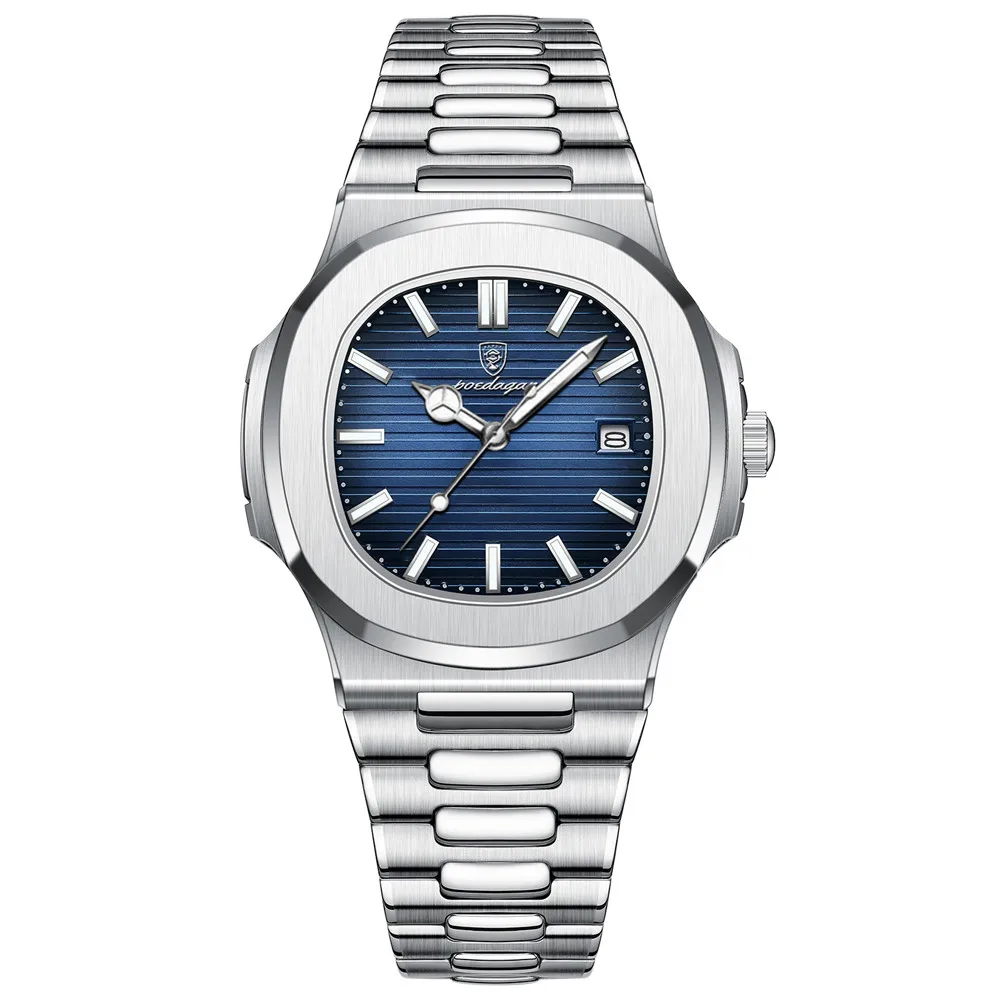 Reloj POEDAGAR clásico azul, reloj de negocios resistente al agua para hombre, reloj luminoso con fecha de acero inoxidable, reloj cuadrado de cuarzo para hombre, reloj para hombre