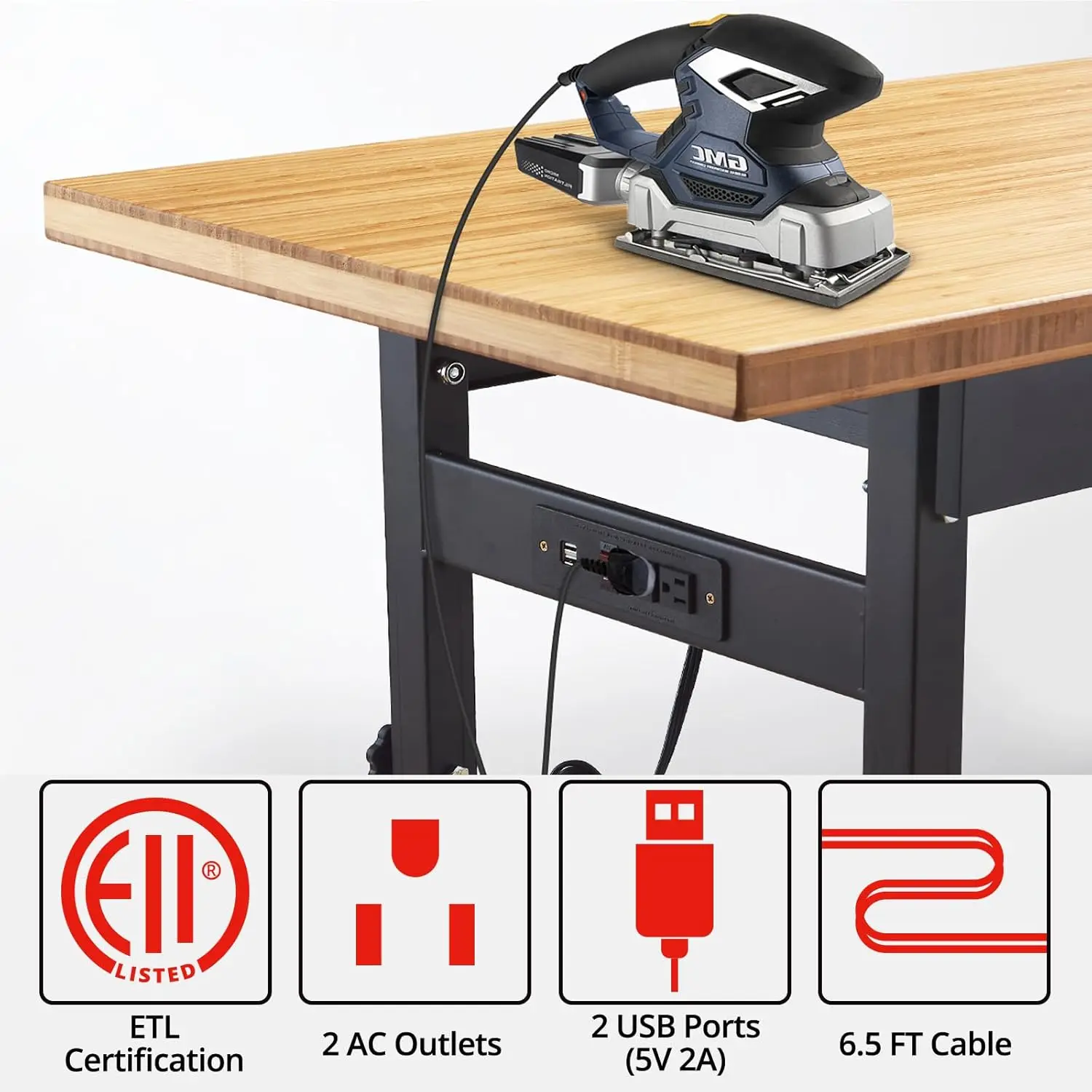 Adjustable Work Bench with Drawers Wheels Power Outlet 2700 LBS Load Capacity 59.8" Heavy Duty Work Bench, Bamboo Wood Desktop