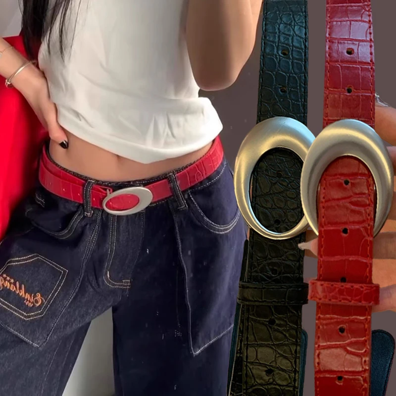 Винтажный американский ремень с крокодиловыми линиями для женщин и мужчин, модные джинсы из искусственной кожи в стиле панк с металлической пряжкой, брюки, расширенные красные поясные ремни