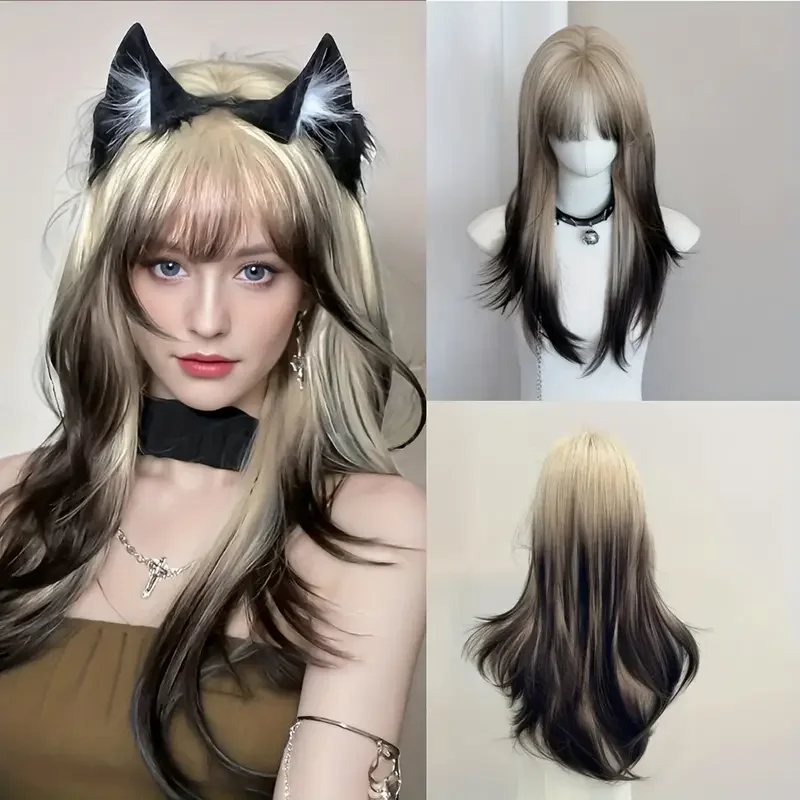 Lange gerade braune schwarze bis weiße Ombre-Perücke für Damen – hitzebeständiges Kunsthaar, für den täglichen Gebrauch, Cosplay-Enthusiasten, Weihnachten