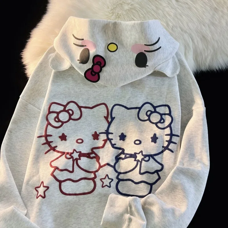 Sanrio เสื้อโค้ทคาร์ดิแกนลาย Hello Kitty, เสื้อโค้ทคาร์ดิแกนมีฮู้ดทรงหลวมนักเรียนโอเวอร์ไซส์แบบกอธิคมีซิปมีฮู้ดสำหรับผู้หญิงเสื้อสเวตเตอร์ Y2k