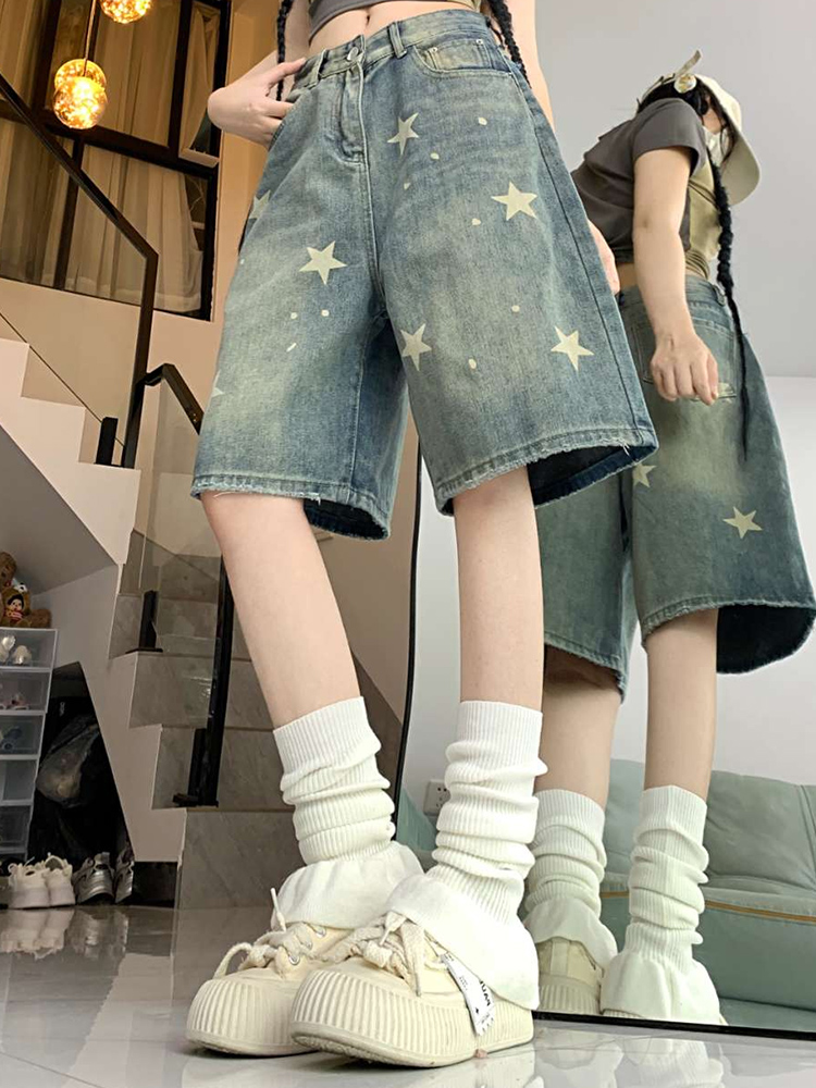Vrouwen Hoge Taille Amerikaanse Retro Gewassen Wijde Pijpen Jeans Meisjes Straat Doen Oude Ster Losse Denim Broek Vrouwelijke Blauwe Knielengte Shorts
