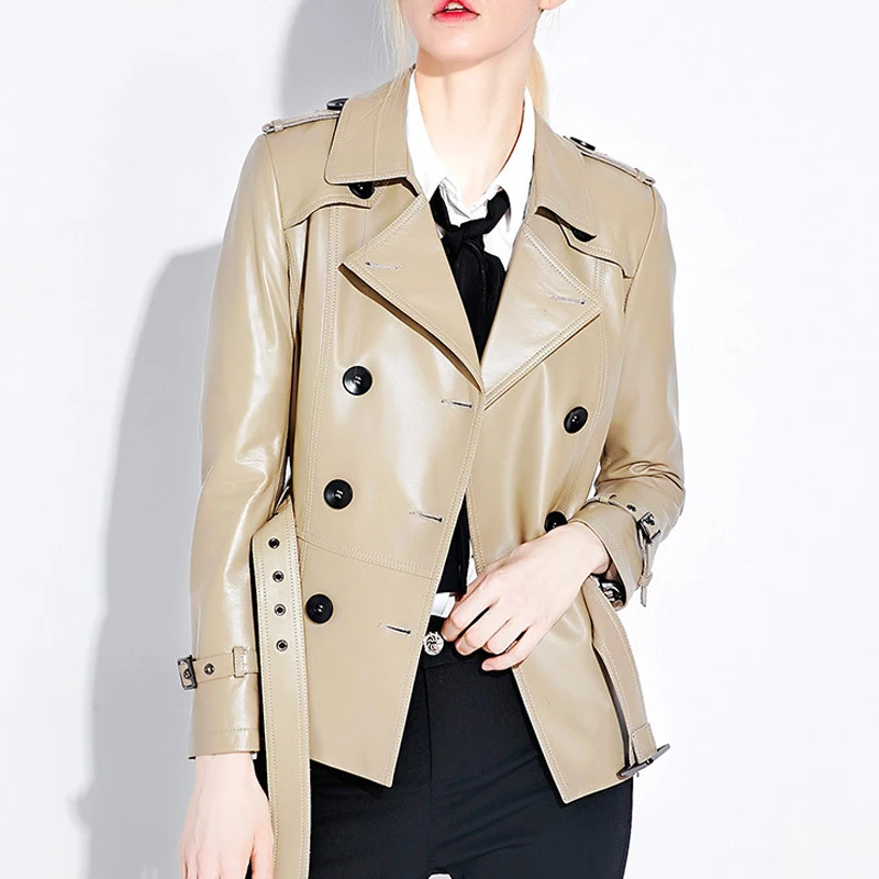 Kurze Trenchcoats aus echtem Leder im England-Stil für Damen Zweireihige, schicke Damen-Schnür gürtel mit schmaler Passform