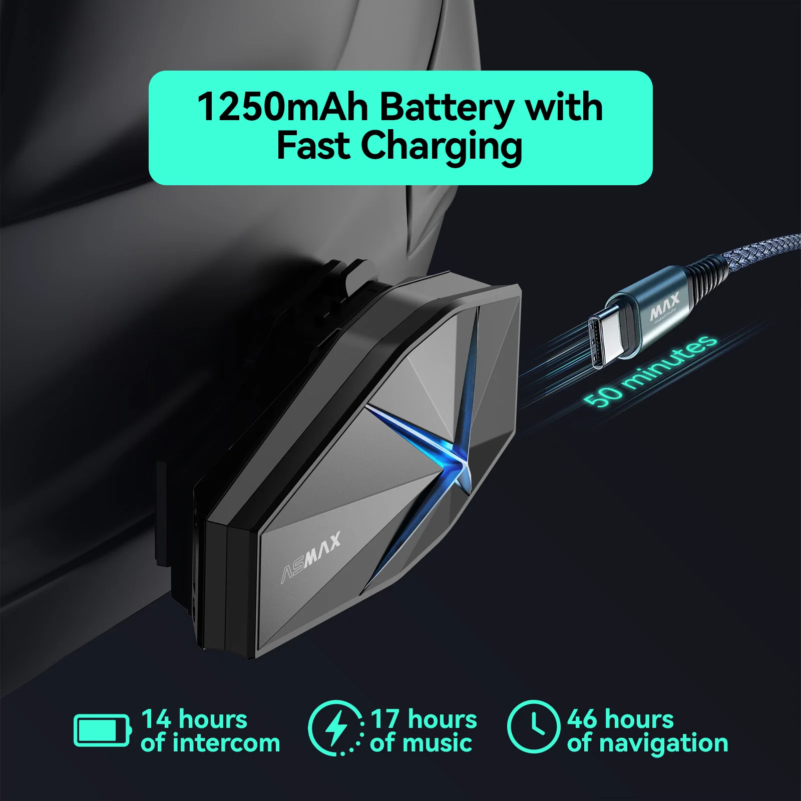 ASMAX F1 Intercomunicador de Motocicleta, Controlado por Voz, Soporta intercomunicador para 10 personas, 1800m de distancia de comunicación, Bluetooth 5.3/Emparejamiento Universal/Cancelación de Ruido/Impermeable IP67