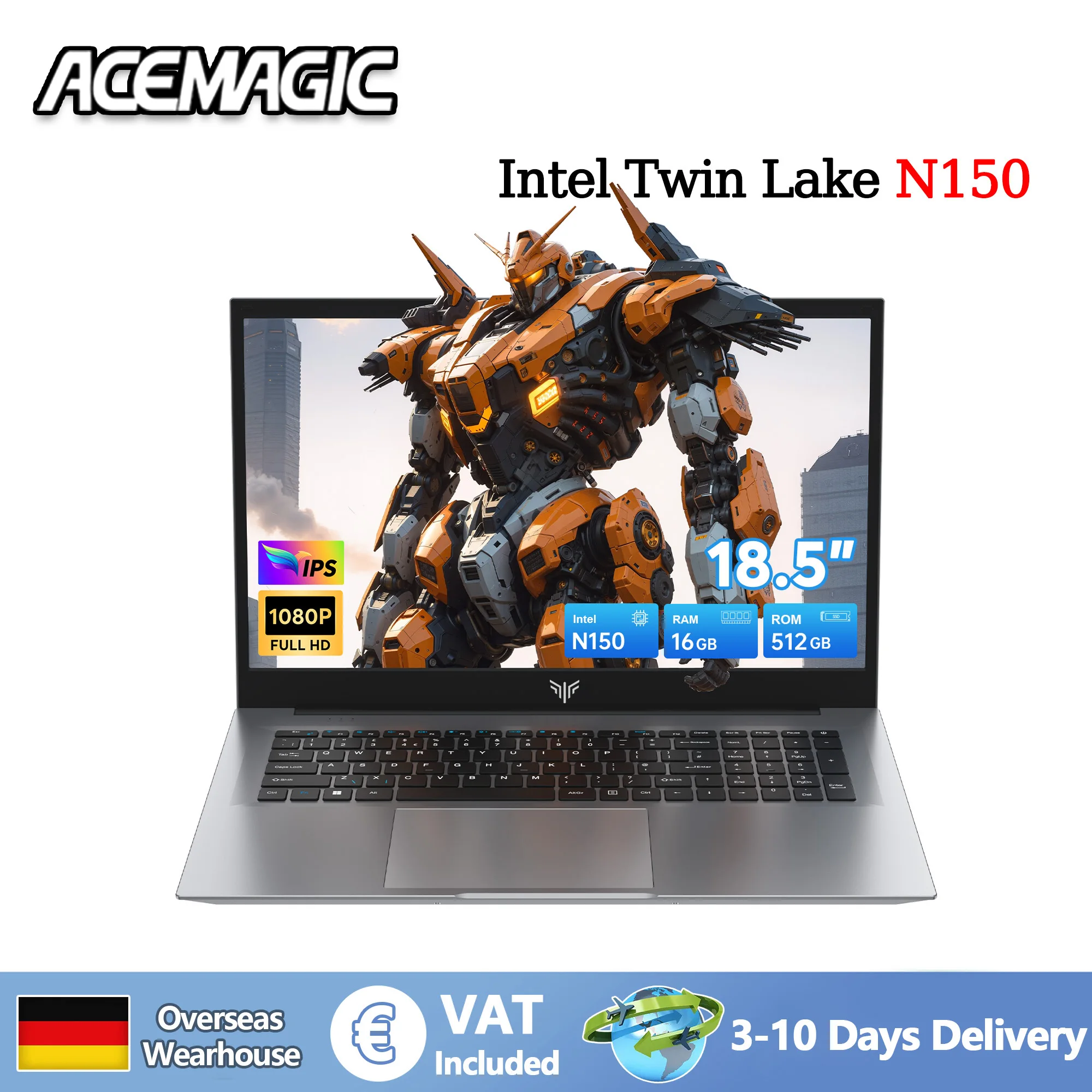 ACEMAGIC 18,5-inch laptopcomputer Intel N150 quad-core processor tot 3,6 GHz 16 GB DDR4 RAM 512 GB SSD 8000 mAh batterij voor zakelijk gebruik
