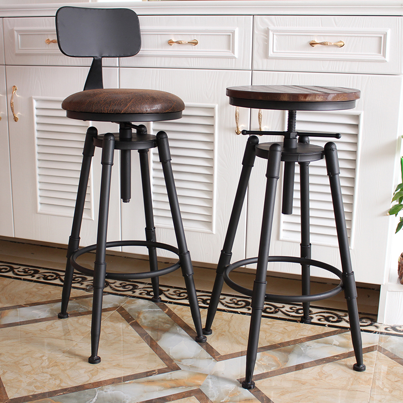 Modern Minimalist Bar Stool Swivel Adjustable Height Wooden High Stool Iron Back Home Bar Chair