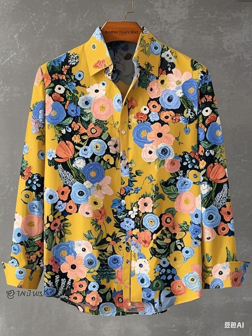 New spring, summer and autumn men's stand-up collar linen long-sleeved shirt, flowing floral print top, fast delivery from Hawai