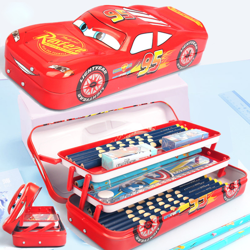 Disney Stitch Pixar Cars ดินสอเด็กกล่องเครื่องเขียนขนาดใหญ่ความจุ Mcqueen รถสามมิติกล่องของขวัญอนุบาล