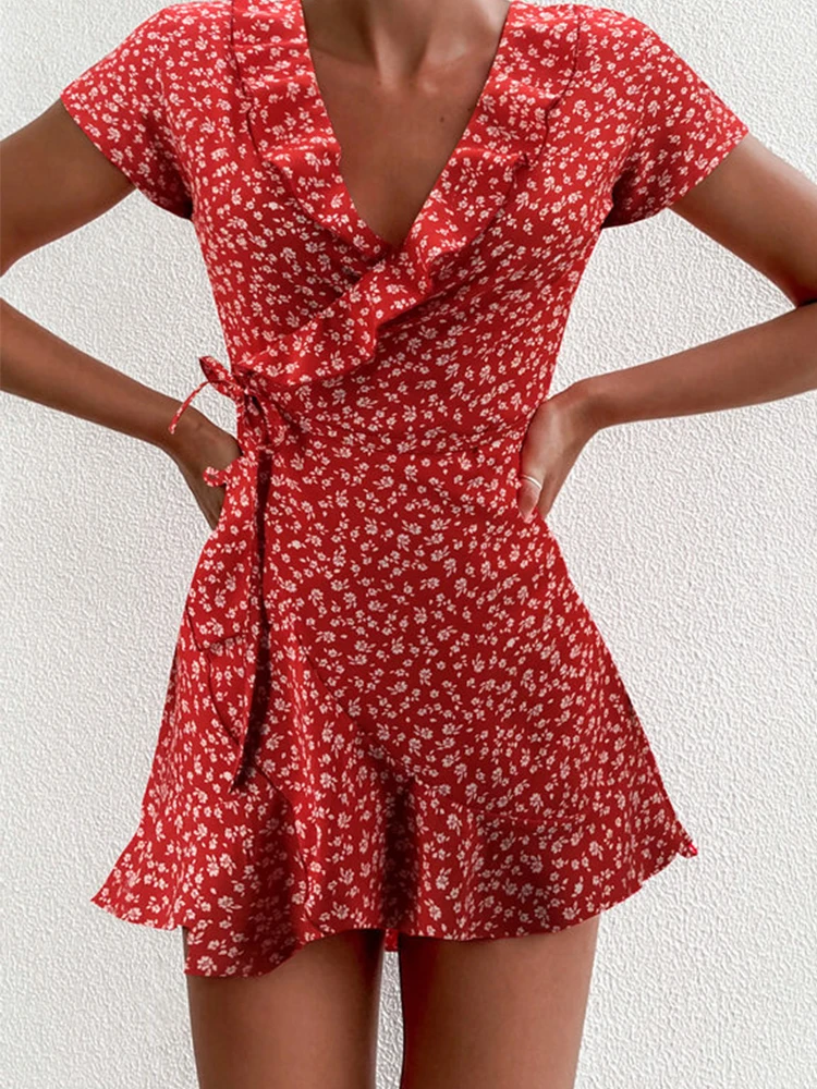 Vestido floral feminino de verão, linha a, doce, elegante, floral, babados, decote em v, bandagem, vestido curto para mulheres, chique, flores, mini vestido