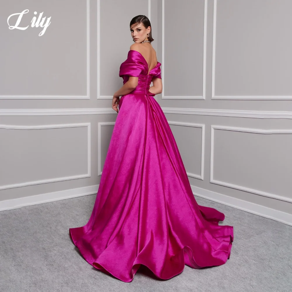 Lily Red Elegant ชุดราตรี V คอปิดไหล่ชุดผู้หญิงซาตินจีบด้านข้างแยกชุดราตรีที่กําหนดเอง