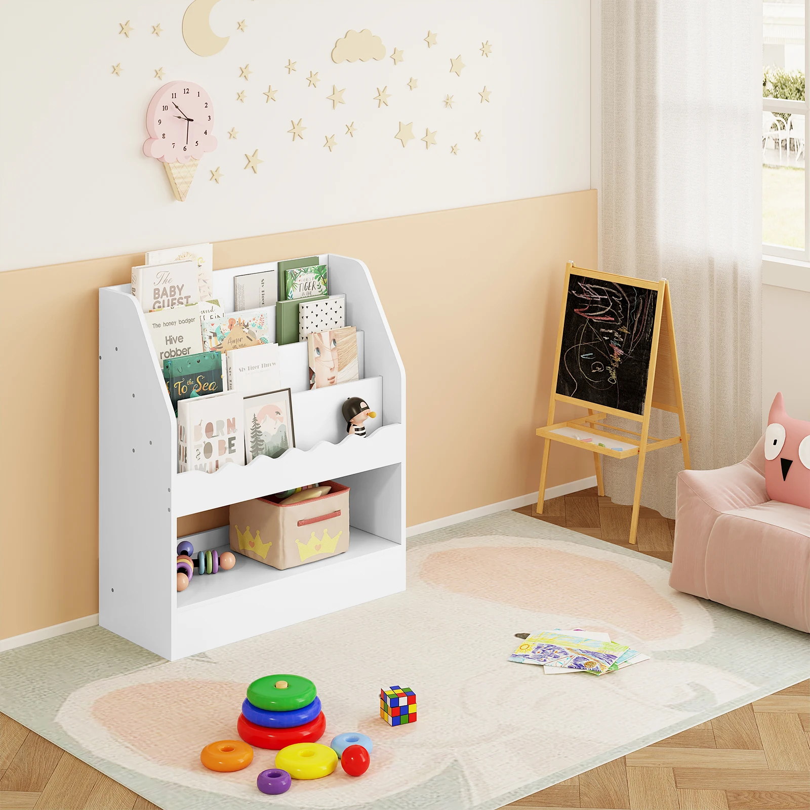WOLTU Libreria bianca per bambini Libro dei cartoni animati Giocattolo Scaffale portaoggetti Montessori con 5 scomparti per la cameretta dei bambini Asilo