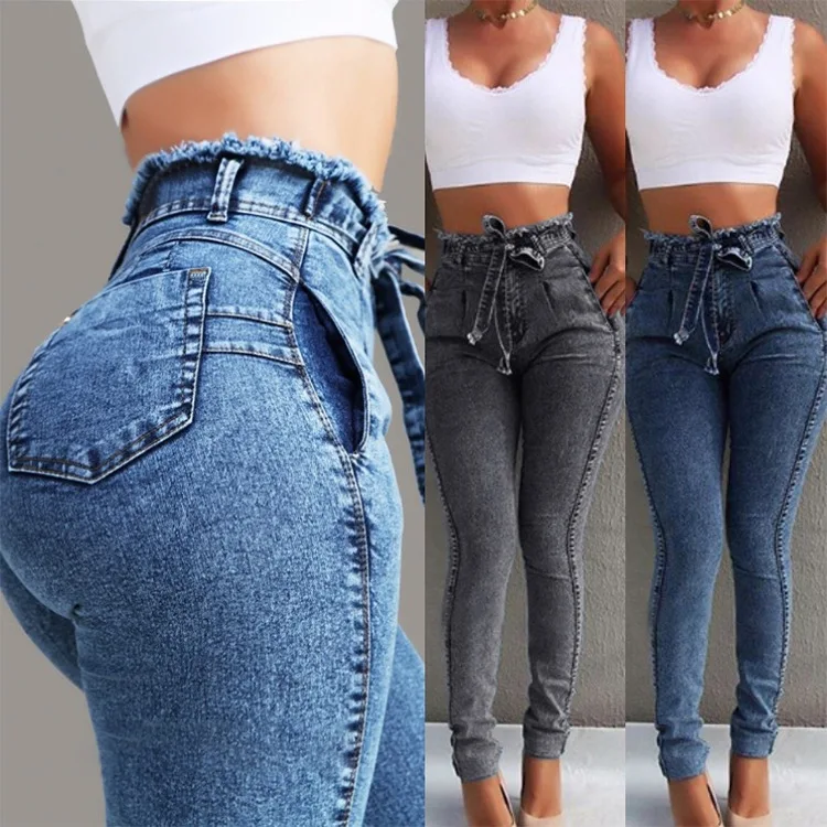 Hohe Taille Jeans Für Frauen Schlank Stretch Denim Jean Bodycon Quaste Gürtel Verband Dünne Push-Up Jeans Frau kleiden 4XL 5XL