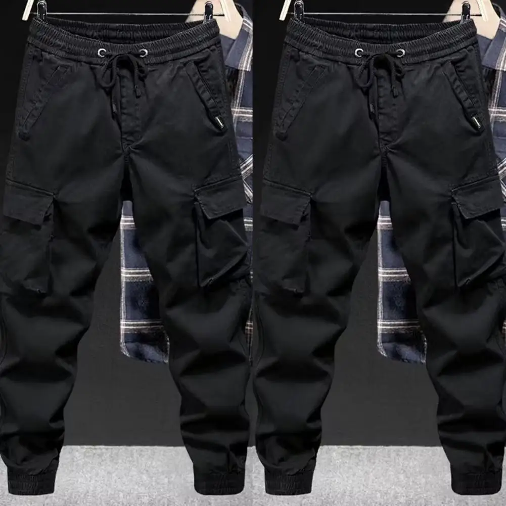 Pantalones con cintura elástica, pantalones Cargo para hombre con cordón, cintura elástica, múltiples bolsillos, diseño de banda en el tobillo para uso diario en la cadera