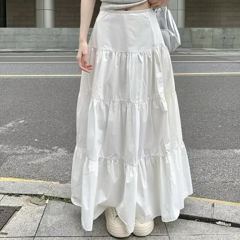 Y2k Clothes Women Skirts Vintage High Waist Elastic Patchwork White White Chic Long Cake A-line Skirt Streetwear