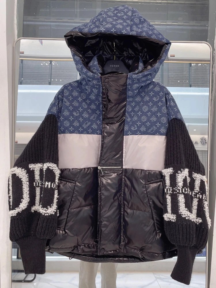 Mode Retro Denim Splicing Donsjack Winter Gebreide Mouwen Brief Bedrukt Losse Oversized Dikke Witte Eend Puffer Jas Vrouwen