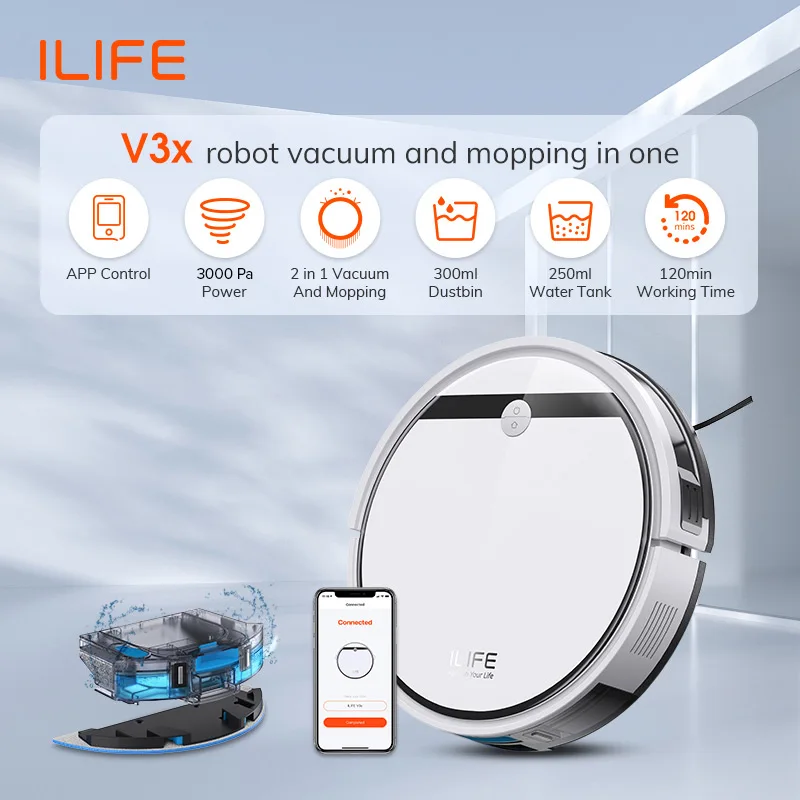ILIFE V3X Robot aspirateur et vadrouille combinés, V3s Pro mis à niveau, compatible avec Alexa/Google/WiFi, 120 minutes, 3000 Pa, idéal pour les poils d'animaux