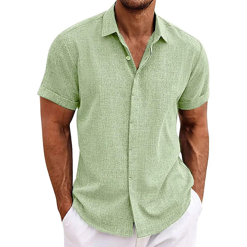 Summer Cotton Linen Shirts for Men Casual Short Sleeved Shirts Blouses Solid Turn-Down Collar Formal Beach Shirts Male Clothing