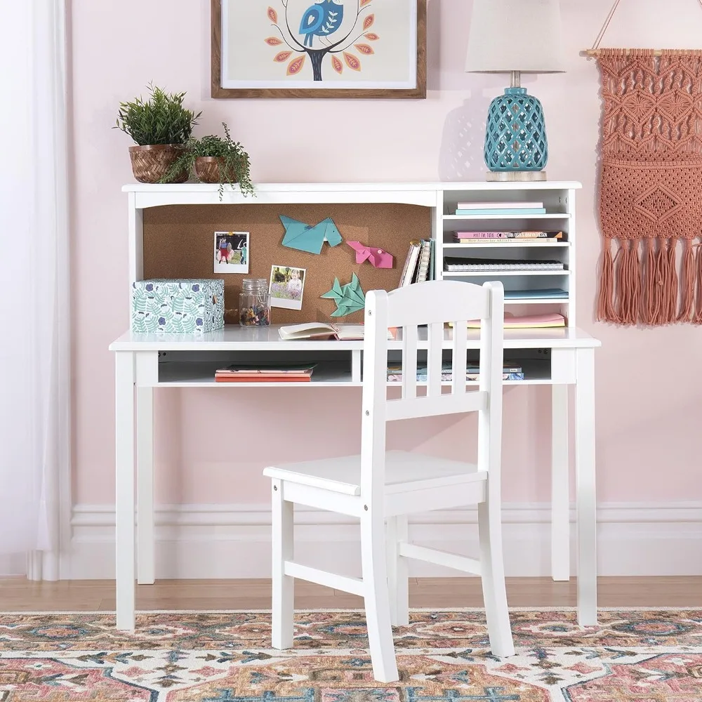 Kids Media Desk and Chair Set - White: Kids Writing Desk with Hutch and Storage Shelves, Computer Workstation with Corkboard