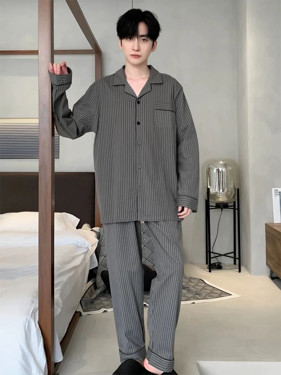 Pyjamas Frühling und Herbst Herren Langarm Hosen Strickjacke Lose Revers Große Größe Hause Kleidung Frühling Anzug