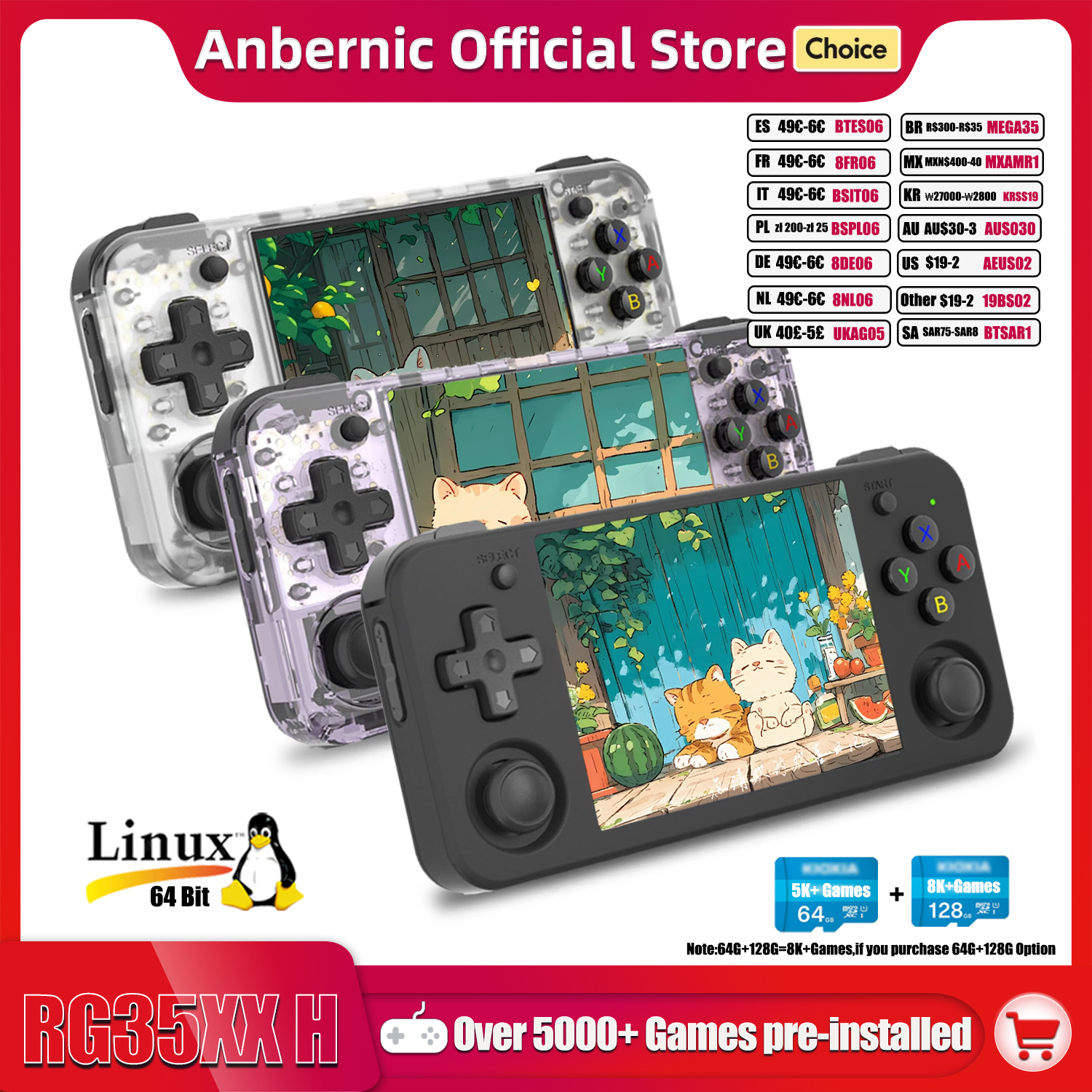 ANBERNIC RG35XX H Handheld-Spielekonsole Linux 3,5 Zoll IPS-Bildschirm H700 Retro-Videospiele-Player 3300 mAh 64G 5528 Klassische Spiele
