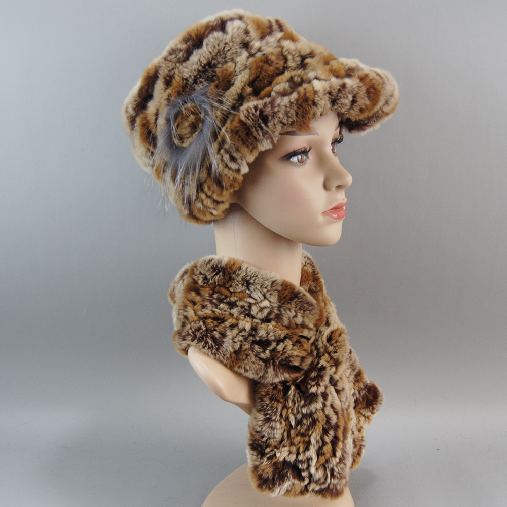 Donne di lusso Inverno Maglia Reale Rex Pelliccia di Coniglio Cappello Sciarpa Set Naturale Caldo Berretto di Pelliccia Sciarpa 2 Pezzi Ragazza Qualità Vera Pelliccia Cappello Silenziatore