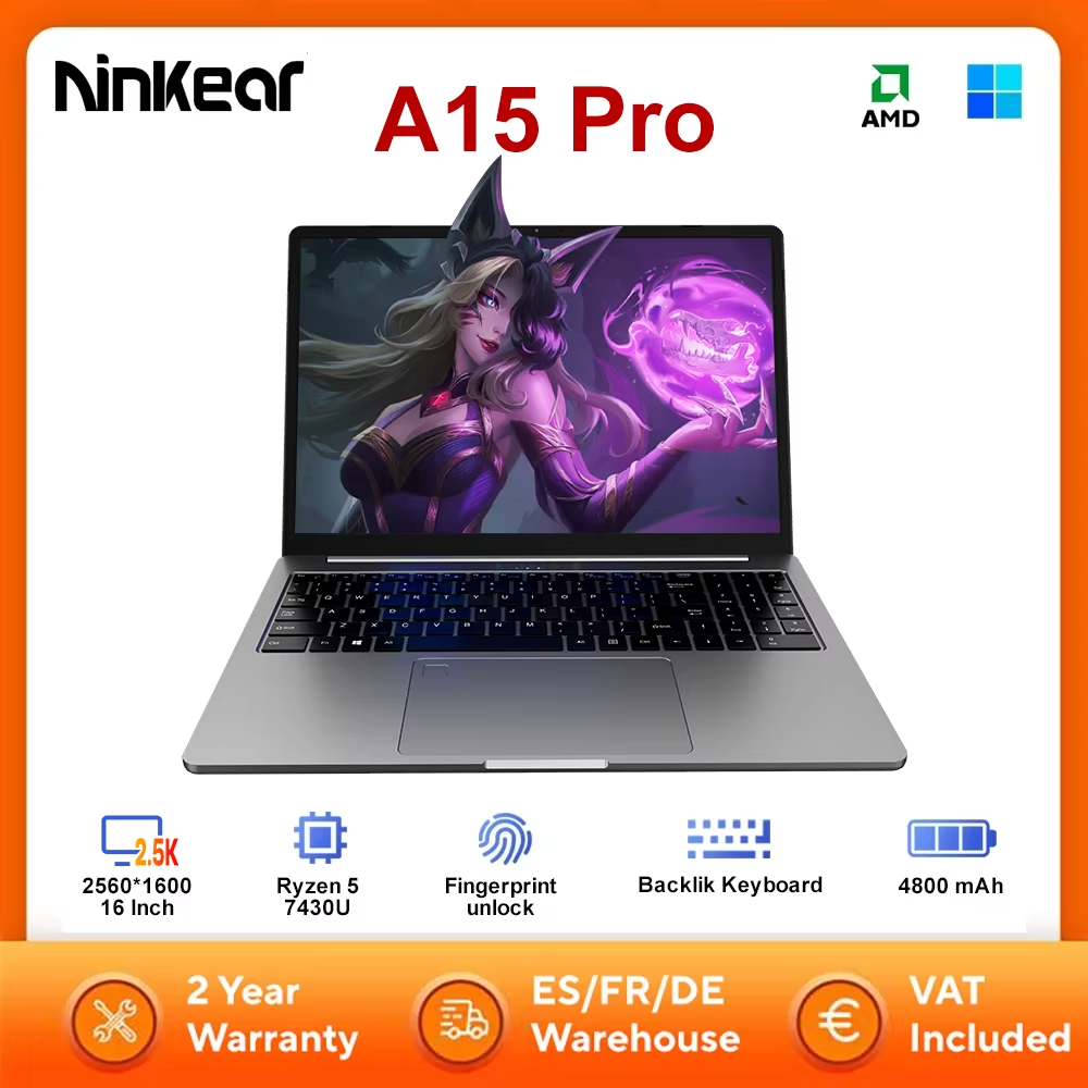 Laptop Ninkear A15 Pro AMD Ryzen 5 7430U 16 cali 120Hz Ekran 2560*1600 16GB 1TB Odblokowywanie odciskiem palca Komputer Przenośny