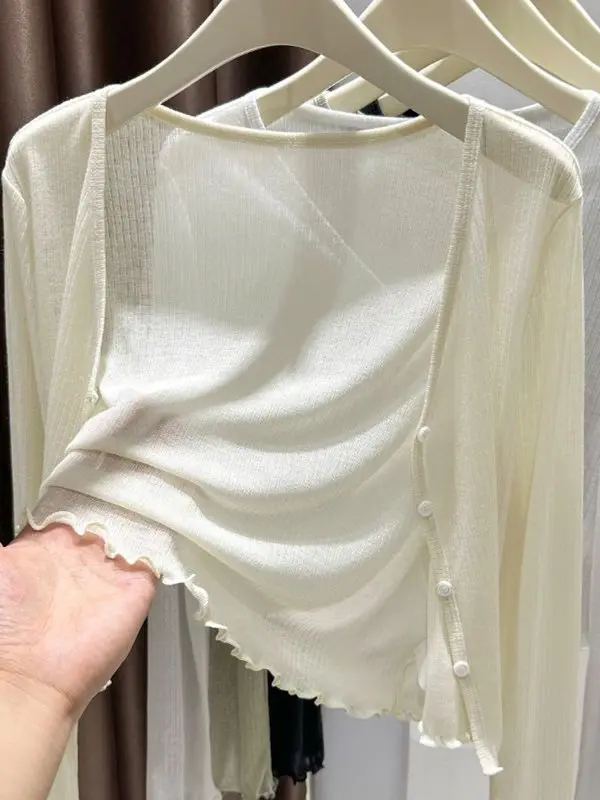 Cardigan F Plus Size de Seda Gelada Fina com Proteção Solar, Manga Curta, Estilo Outwear com Borda Efeito Madeira para...