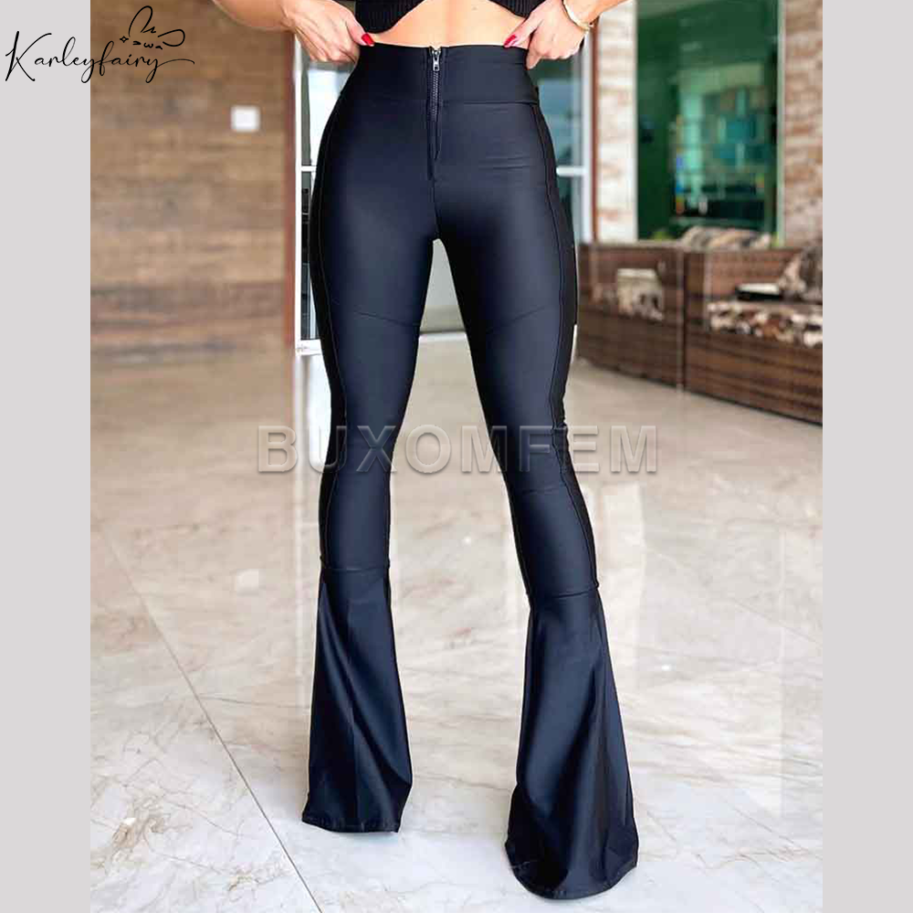 ยืดหยุ่นซิป Flared Tights SLIM FIT สไตล์วินเทจกางเกงขาตรงห่อสะโพกสบายๆทุกวันกางเกงกางเกงเอวสูงผู้หญิง
