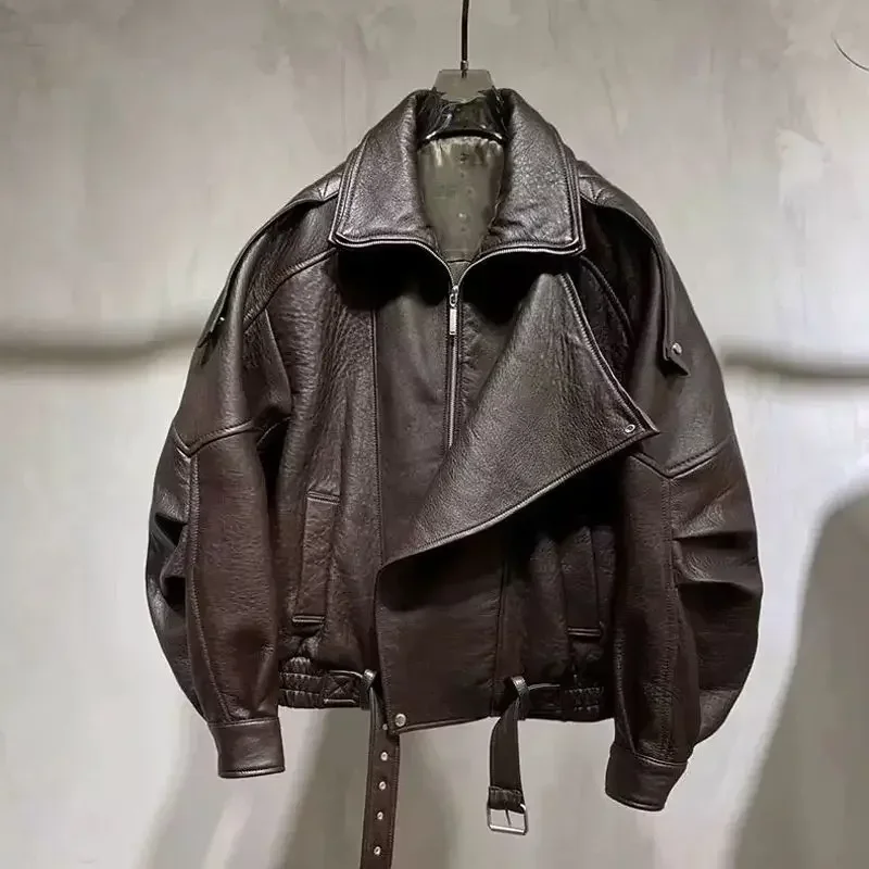 2025 outono/inverno moda jaqueta de couro preto jaqueta feminina solta casaco casual couro do plutônio jaqueta da motocicleta womn topos