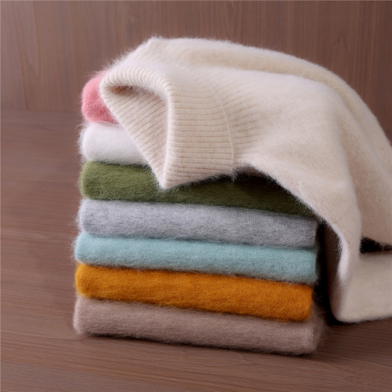 Outono e inverno novo 100% suéter de caxemira de vison feminino lapela alta cor sólida acolchoado pulôver lã de malha camisa de fundo