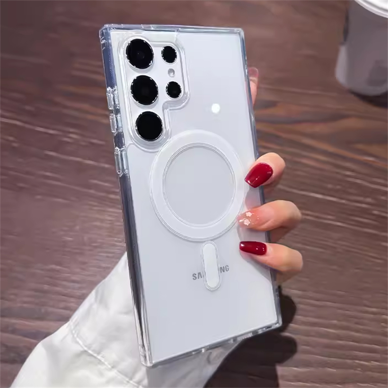Funda de carga inalámbrica magnética MagSafe de lujo para Samsung Galaxy S25 S24 S23 S21 FE S22 Plus cubierta acrílica transparente Ultra a prueba de golpes