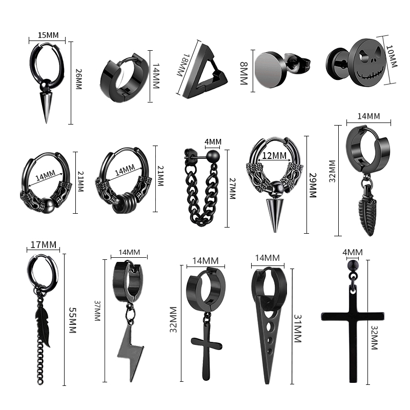 1 para Punk kolczyki sztyfty ze stali nierdzewnej czarne kolczyki zestaw dla kobiet mężczyzn Vintage Hip Hop Piercing biżuteria do uszu