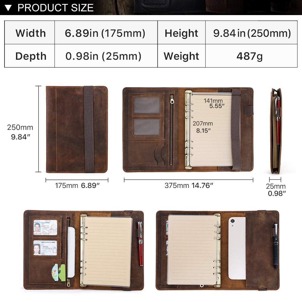 高級A5ノートブックレザーカバー、6リングバインダー付きポートフォリオ、ペーパーペン、iPad、ミニホルダー、カードスロット、トラベルケース、レトロ、ビジネス