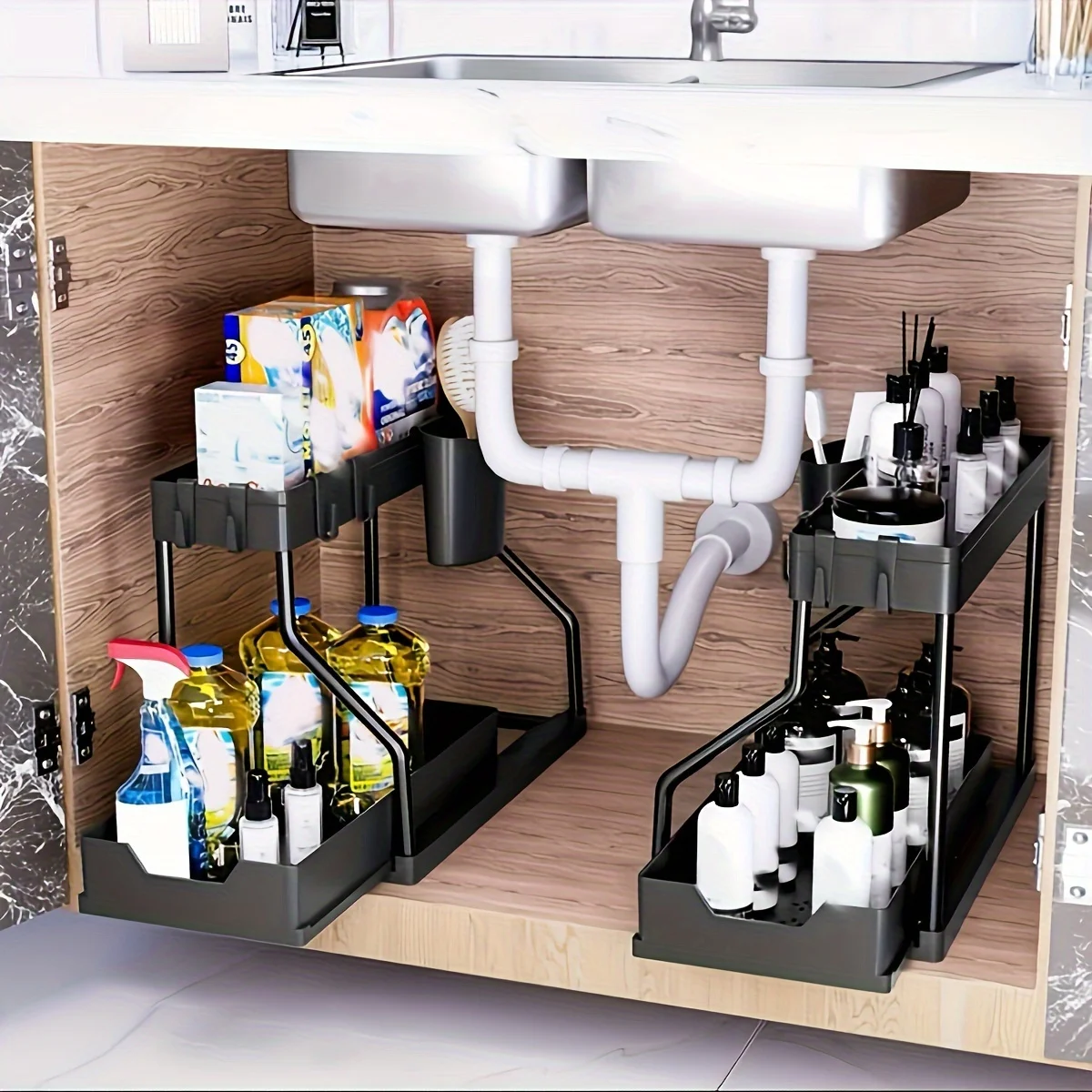 1Set Double Layer Storage Rack,Pull-out Storage Box, Cabinet Sink for Organizing and Organizing Storage Racks  Kitchen Organizer