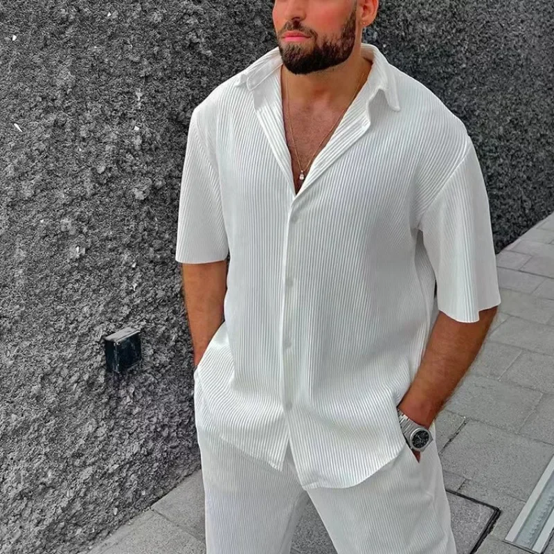 Herren-Sets, lässig, lockeres Strand-Outfit, einfarbig, gestreift, kurzärmeliges Herren-Hemd, zweiteiliges Set