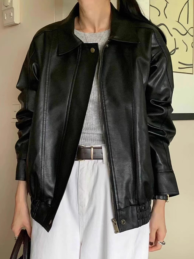 ChicAutumnVintage ショートジャケット レディース ルーズフィット 多用途 BF スタイル ディストレスト オートバイ レザー ジャケット 18-24 歳用