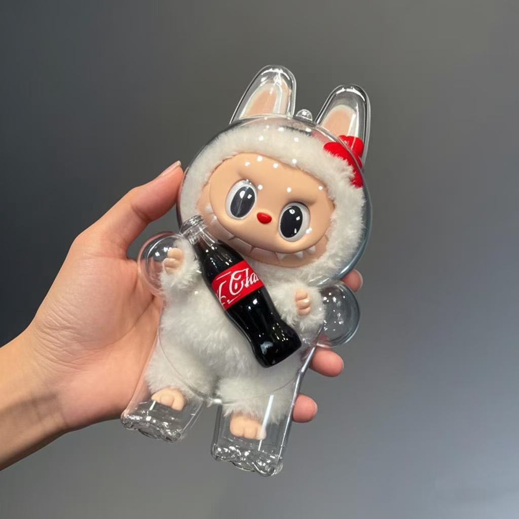 1 szt. Przezroczysta osłona ochronna do LABUBU Coca Cola Happy Factor, pyłoszczelna osłona, pudełko do przechowywania, dekoracja do zawieszenia na plecaku (bez lalki)