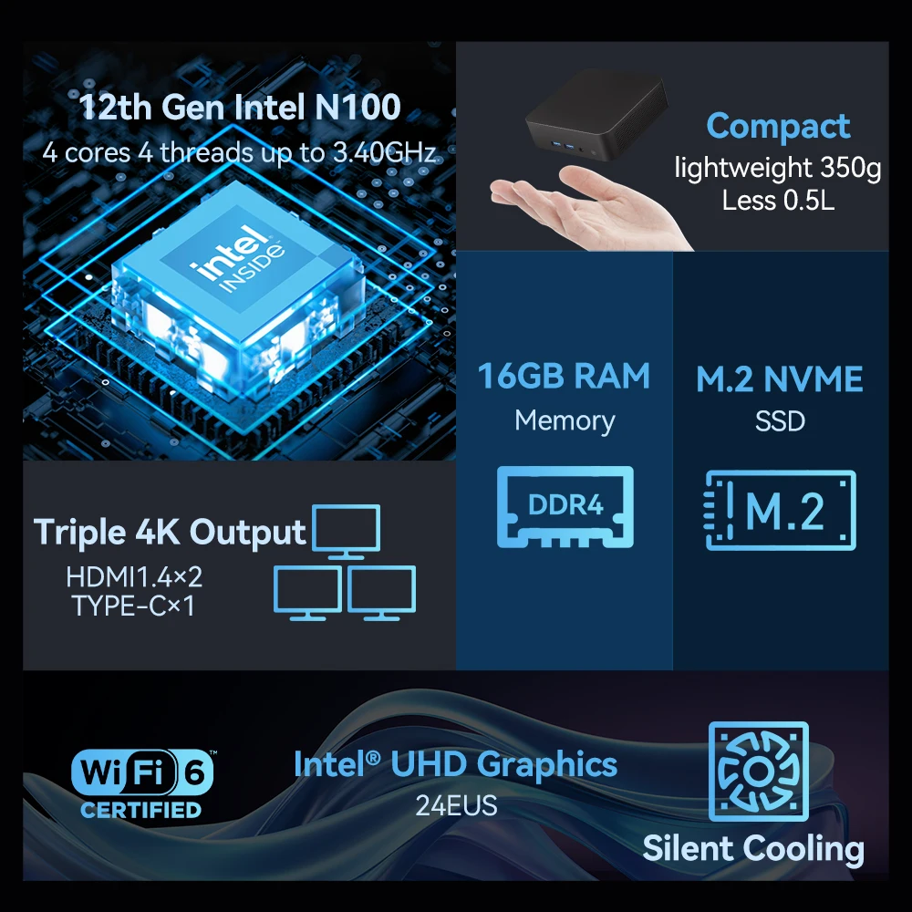 Mini PC Intel N100, Windows 11, Suporte Tipo-C, Display 4K Triplo, 16GB DDR4, 512GB, SSD M.2 NVMe, WiFi6