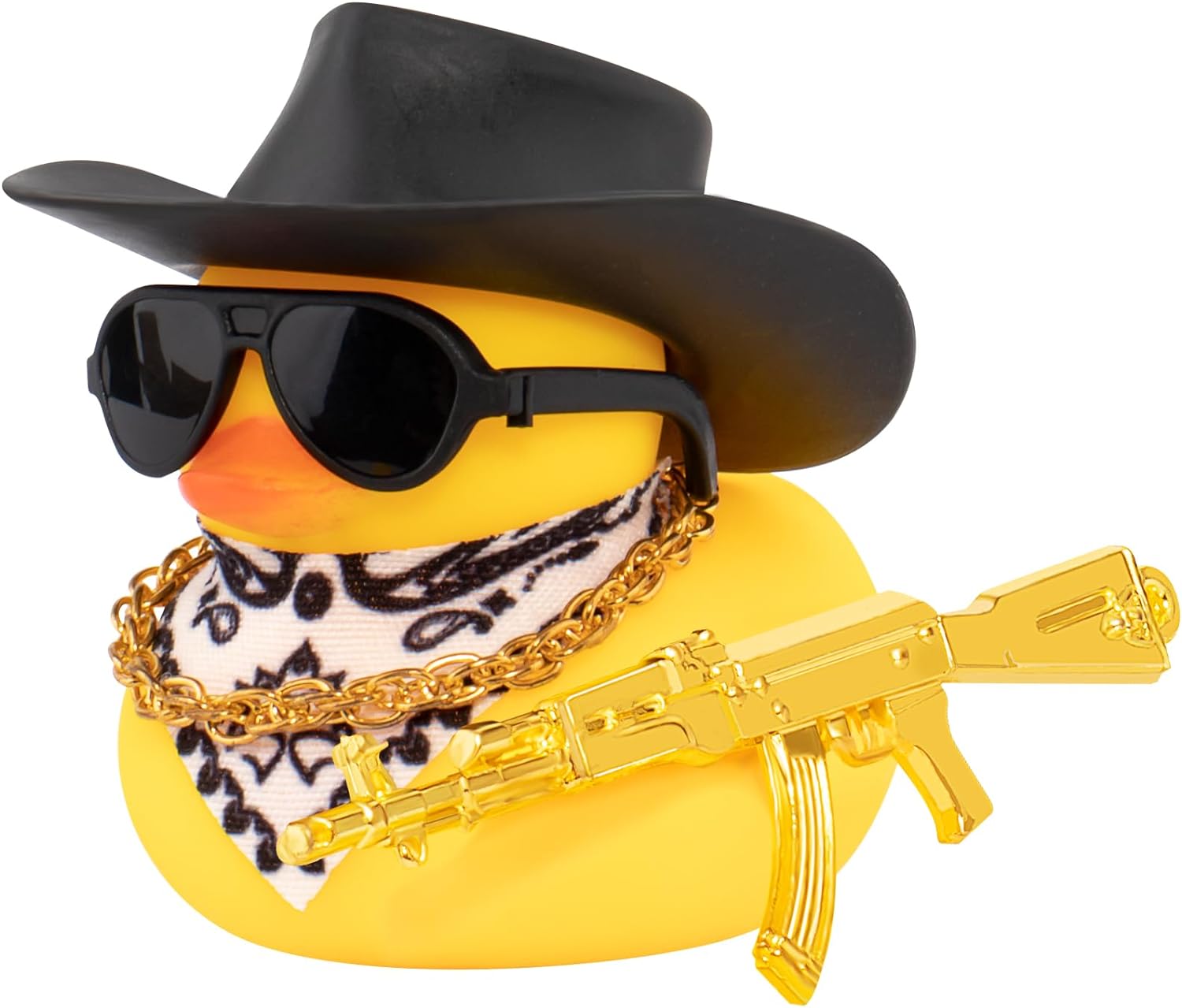 Cowboy Duck with Guns Car Dashboard Decorations Rubber Duck Car Ornaments with Cool Accessories Mini Swim Ring Sun Hat Sunglasse