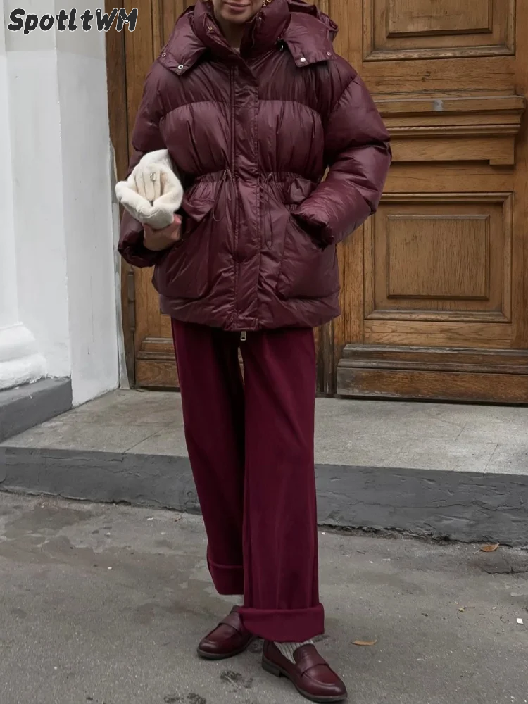 Abrigos con capucha esponjosos Vintage color Burdeos para mujer, Chaqueta de algodón con cremallera y solapa elegante, prendas de vestir cálidas para invierno