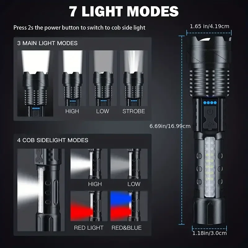 2025 ไฟฉายทรงพลังสุดปฏิเสธไฟฉายพลังงานสูง LED แสงแฟลชสีขาวโคมไฟยุทธวิธีพร้อมสายชาร์จ