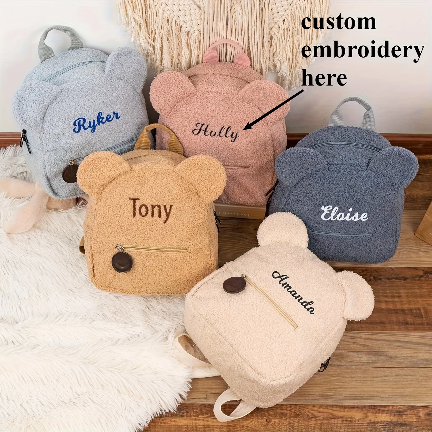 Mochila de felpa con bonito oso, nombre bordado, Otoño Invierno, bolsos de hombro para niños al aire libre, bolsas de regalo personalizadas para niños