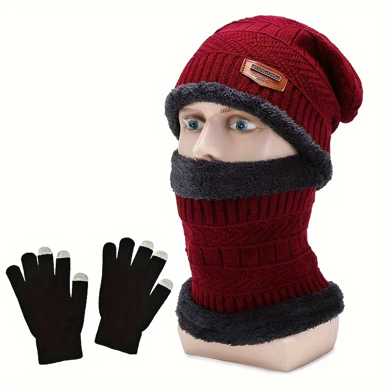 Gorro de inverno, cachecol e luvas com tela sensível ao toque, conjunto para homens e mulheres, boné de caveira de malha quente