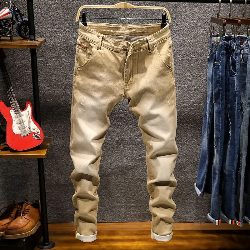 Pantalones vaqueros rectos elásticos americanos para hombre, pantalones vaqueros de algodón ajustados desgastados rasgados, moda de estilo coreano, ropa azul y negra para hombre