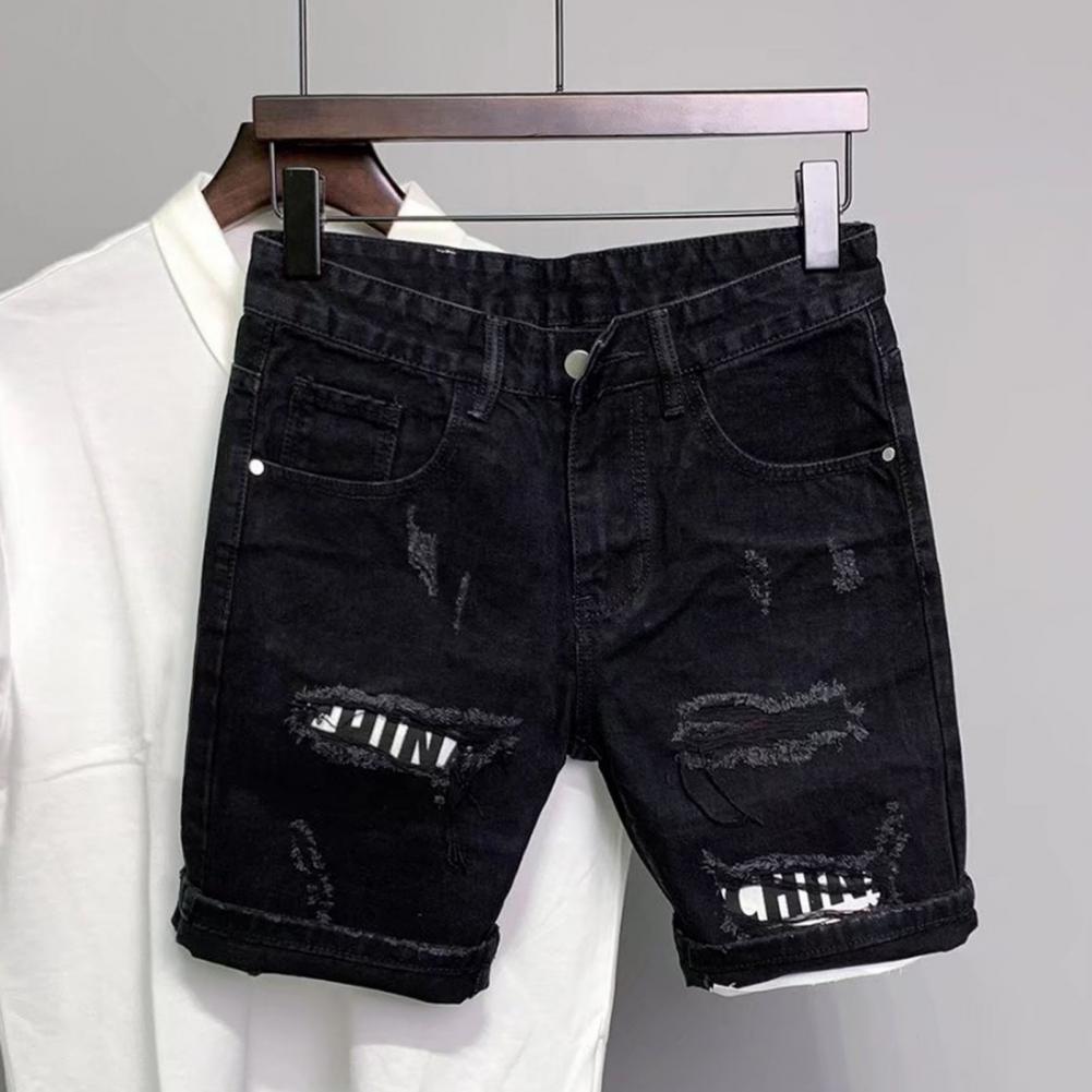 Summer Men Ripped Patchwork Denim Shorts Straight Button Zipper Pockets Shorts Knee-Length Denim Short Pants
